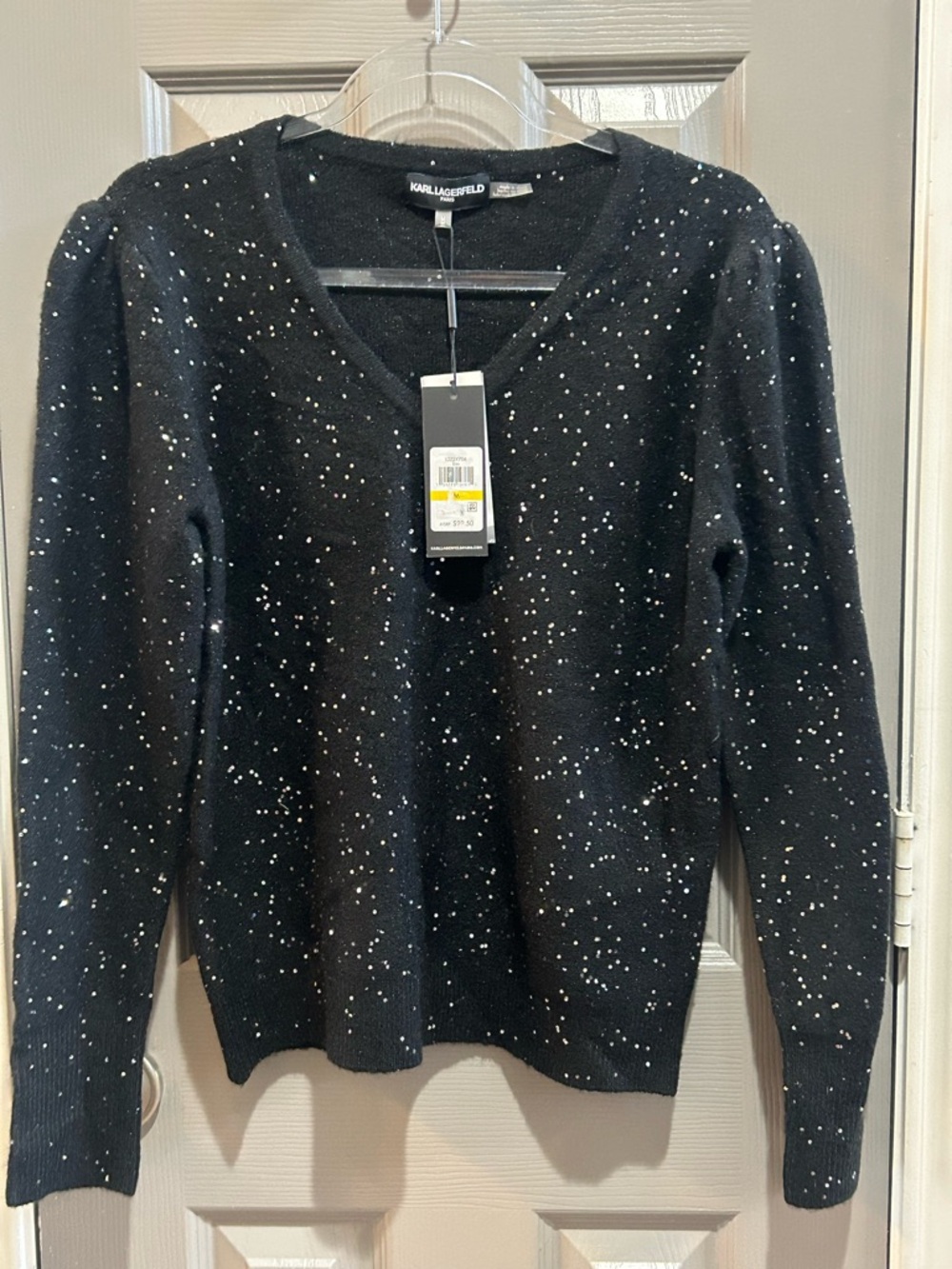 Karl Lagerfeld Black V-Neck Sweater with White Speckle Detail